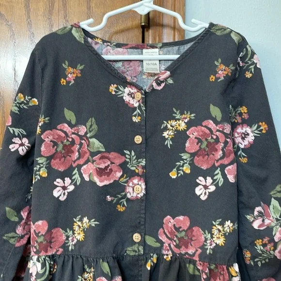 OSHKOSH UEC Girls Size 10 Gray Pink Floral 3/4 Sleeve V-neck casual dress - Picture 3 of 10